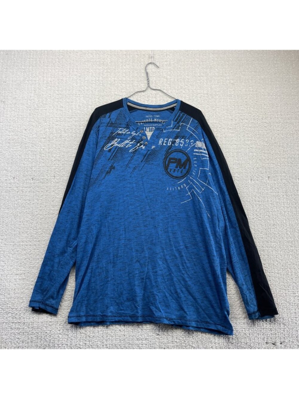 Y2K Henley Graphic Tee Grunge Gothic Cyber Racing Affliction Alt Men XL Blue